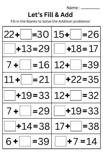 Addition Fill in the Blanks quation Worksheet