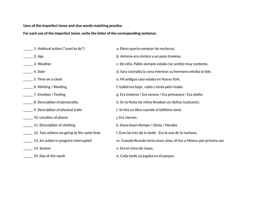Uses of the imperfect tense and clue words matching practice