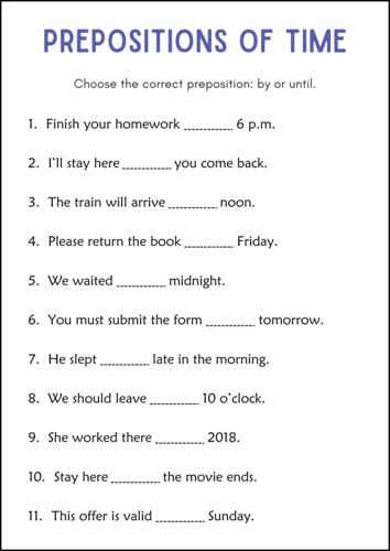 Printable Preposition of Time In On or At Activity Worksheets for Grade 2, 3
