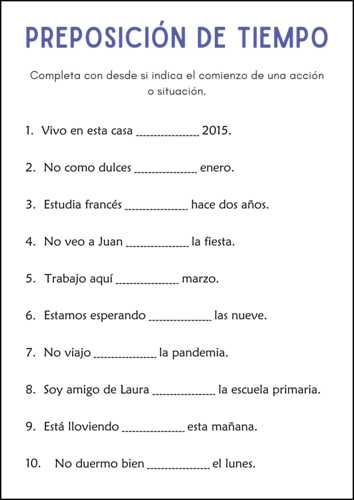 Preposición de Tiempo - Preposition of Time Activity Worksheets in Spanish