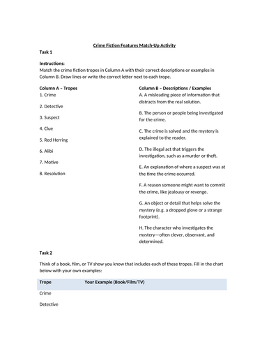 Crime Fiction Features Worksheet