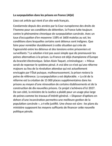 A LEVEL FRENCH revision sheet Vrai / Faux exercises