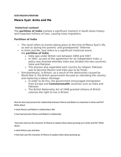 GCSE English literature "Anita and Me" bank of essay questions