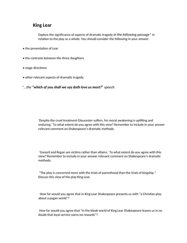 A  LEVEL ENGLISH LITERATURE TEACHER RESOURCE: collection of exam questions SHAKESPEARE PLAYS