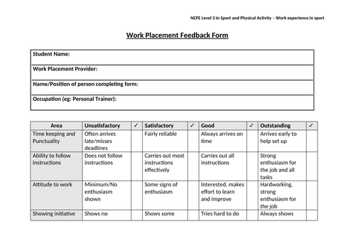 NCFE Level 3 in Sport and physical activity - Work experience in sport (Employer feedback form)