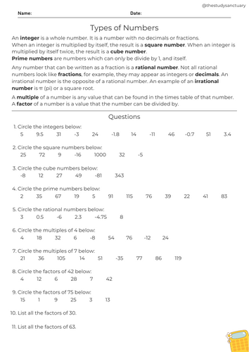Types of Numbers Worksheet