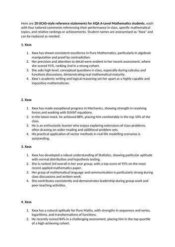 UCAS template references for A-Level Maths students