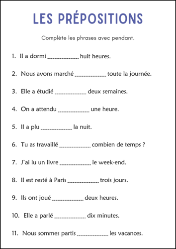 Préposition de Temps - Preposition of Time Activity Worksheets in French