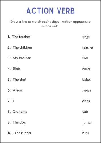 Printable Sentences Action Verbs Grammar Activity Worksheets for Grade 2, 3