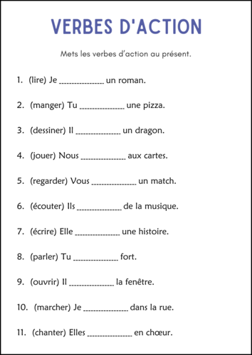 Verbes D'action - Action Verbs Grammar Activity Worksheets in French