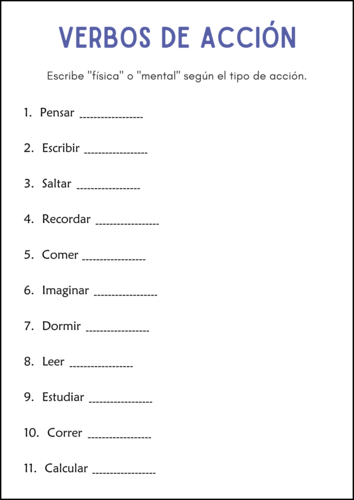 Verbos de Acción - Action Verbs Grammar Activity Worksheets in Spanish