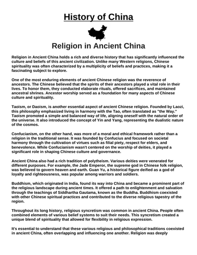 Religion in Ancient China “Article & Questions” Assignment (Ancient China)