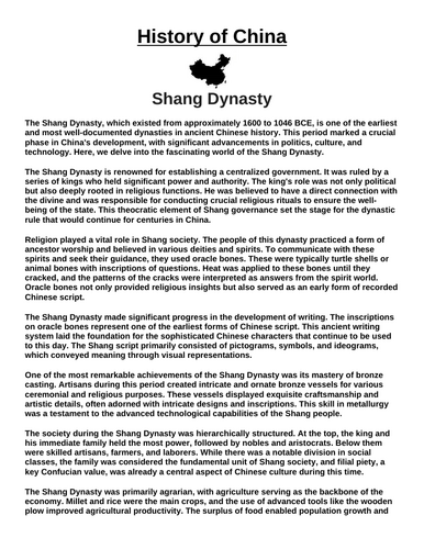 Shang Dynasty  “Article & Questions” Assignment (Ancient China)