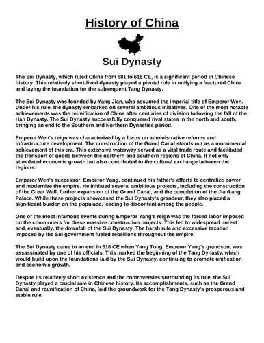 Sui Dynasty  “Article & Questions” Assignment (Ancient China)