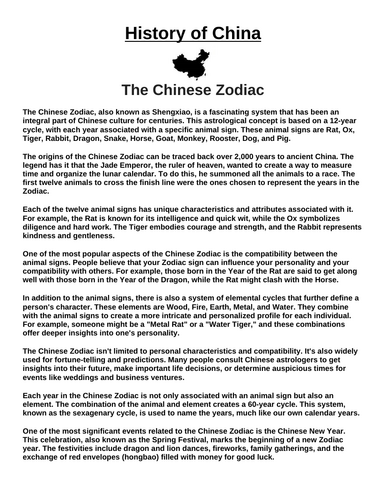 The Chinese Zodiac “Article & Questions” Assignment (Ancient China)
