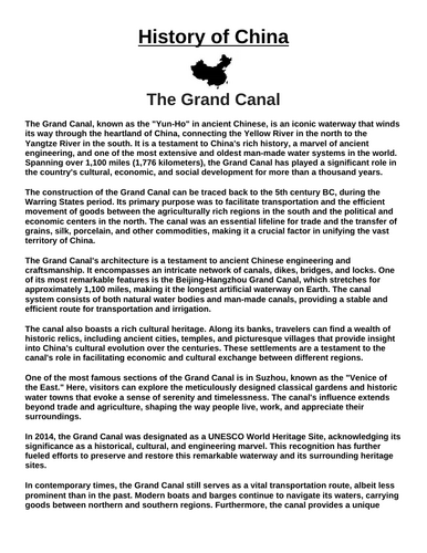 The Grand Canal “Article & Questions” Assignment (Ancient China)