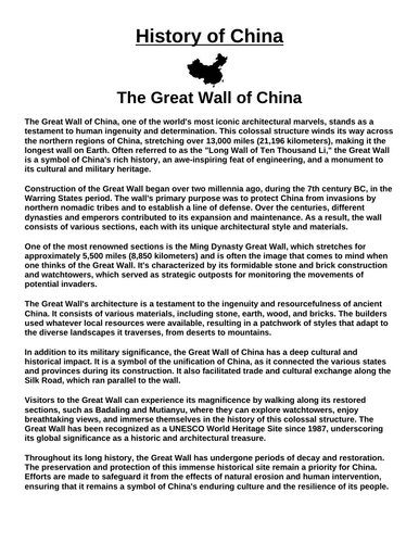 The Great Wall “Article & Questions” Assignment (Ancient China)