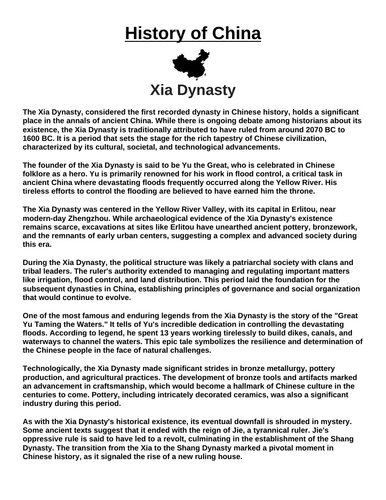 Xia Dynasty “Article & Questions” Assignment (Ancient China)