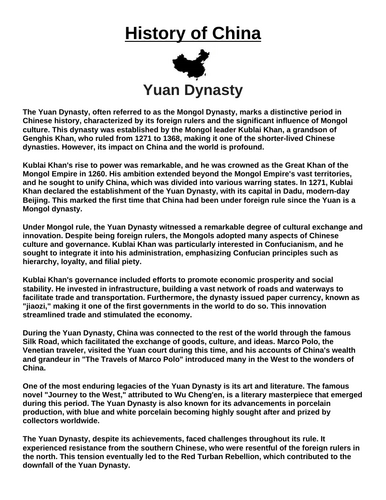 Yuan Dynasty “Article & Questions” Assignment (Ancient China)