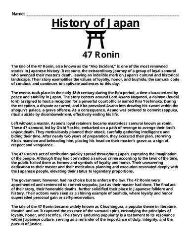 47 Ronin “Article & Questions” Assignment (Ancient Japan)