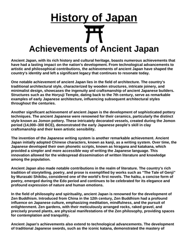 Achievements of Ancient Japan “Article & Questions” Assignment (Ancient Japan)