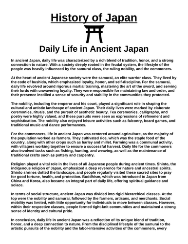 Daily Life in Ancient Japan Article & Questions” Assignment (Ancient Japan)