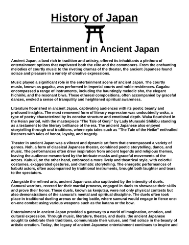 Entertainment in Ancient Japan “Article & Questions” Assignment (Ancient Japan)