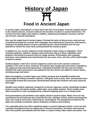 Food in Ancient Japan “Article & Questions” Assignment (Ancient Japan)