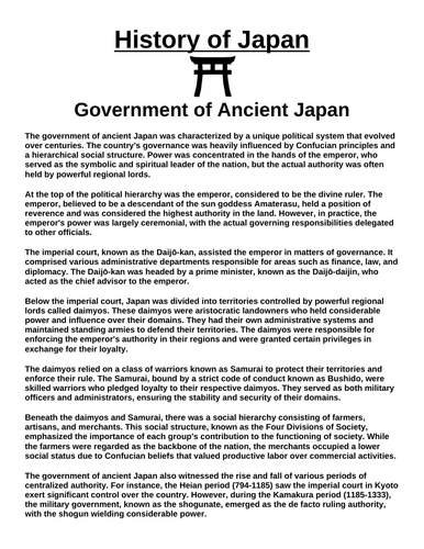 Government of Ancient Japan “Article & Questions” Assignment (Ancient Japan)