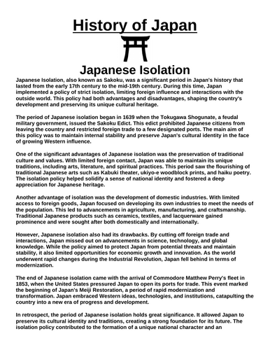 Japanese Isolation “Article & Questions” Assignment (Ancient Japan)