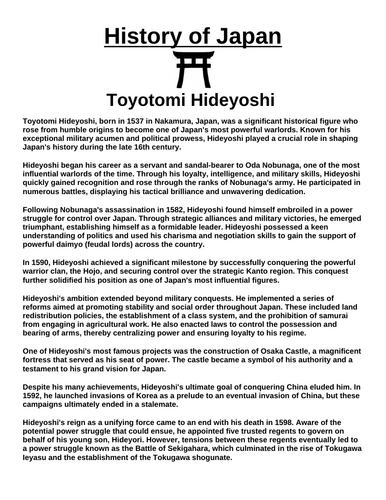 Toyotomi Hideyoshi “Article & Questions” Assignment (Ancient Japan)