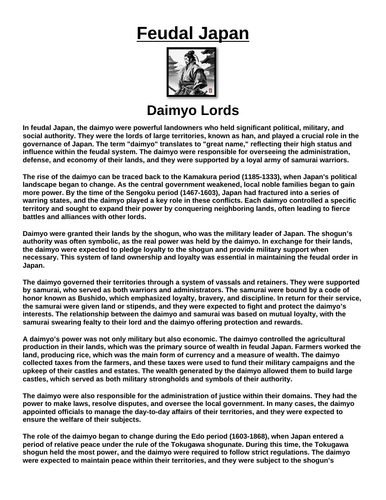 Feudal Japan: Daimyo Lords “Article & Questions” Assignment