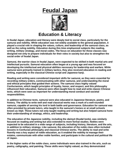 Feudal Japan: Education and Literacy  “Article & Questions” Assignment