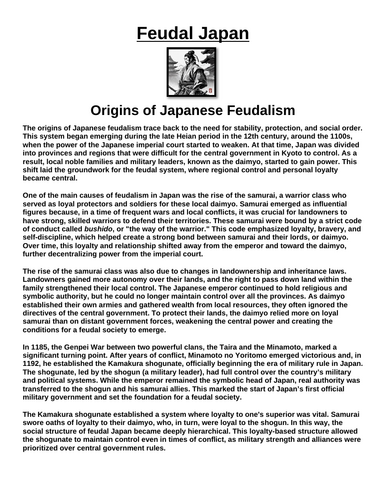 Feudal Japan: Origins of Japanese Feudalism “Article & Questions” Assignment