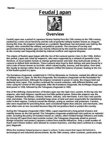 Feudal Japan: Overview “Article & Questions” Assignment