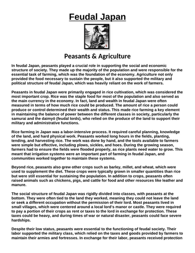 Feudal Japan: Peasants and Agriculture “Article & Questions” Assignment