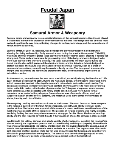 Feudal Japan: Samurai Armor & Weaponry “Article & Questions” Assignment