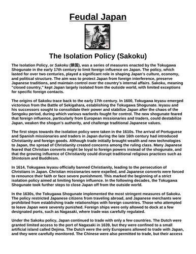 Feudal Japan: The Isolation Policy (Sakoku) “Article & Questions” Assignment