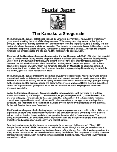 Feudal Japan: The Kamakura Shogunate “Article & Questions” Assignment