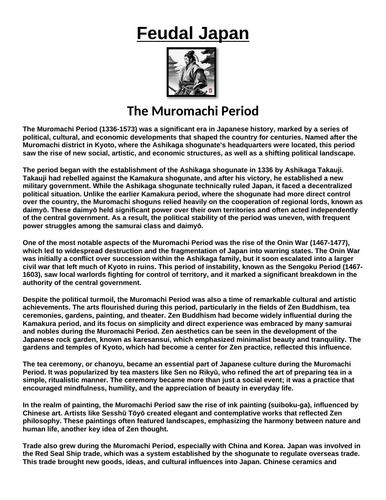 Feudal Japan: The Muromachi Period “Article & Questions” Assignment