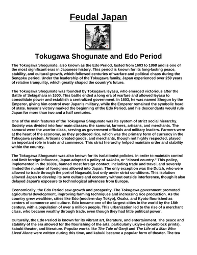 Feudal Japan: The Tokugawa Shogunate & Edo Period “Article & Questions” Assignment