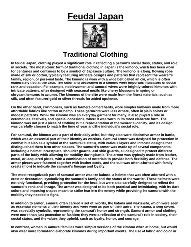 Feudal Japan: Traditional Clothing: Kimono and Samurai Armor “Article & Questions” Assignment