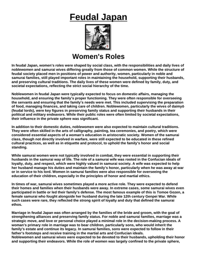 Feudal Japan: Women's Roles in Feudal Japan “Article & Questions” Assignment