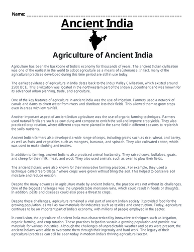 Ancient India: Agriculture of Ancient India “Article & Questions” Assignment