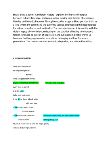 "A Different History" iGCSE English Literature revision aid
