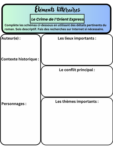 French Literary Elements worksheet organizer - Le Crime de l'Orient Express