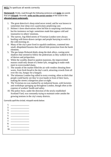 Sherlock Holmes Spelling homework/activities