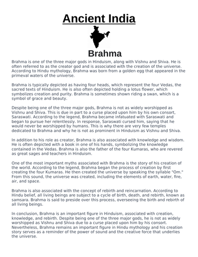 Ancient India: Brahma “Article & Questions” Assignment