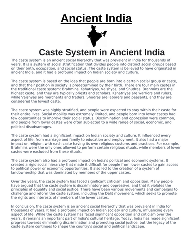 Ancient India: Caste system in Ancient India “Article & Questions” Assignment