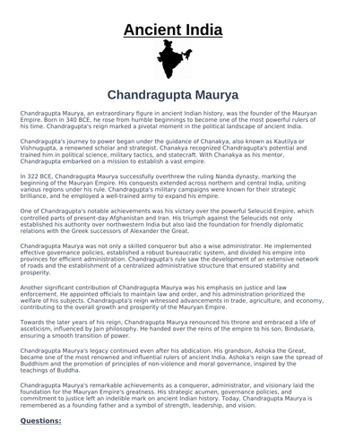 Ancient India: Chandragupta Maurya “Article & Questions” Assignment